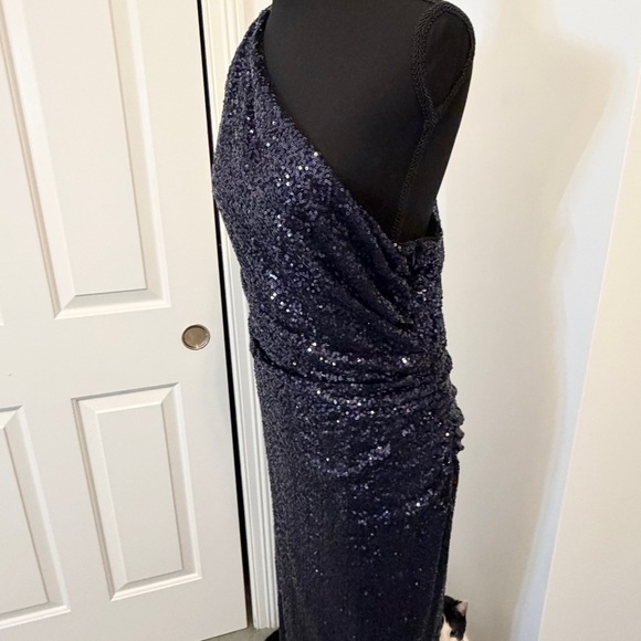 Lauren Ralph Lauren Evening - Navy Sequin One Shoulder Full Length Gown Size 14 - Picture 3 of 8